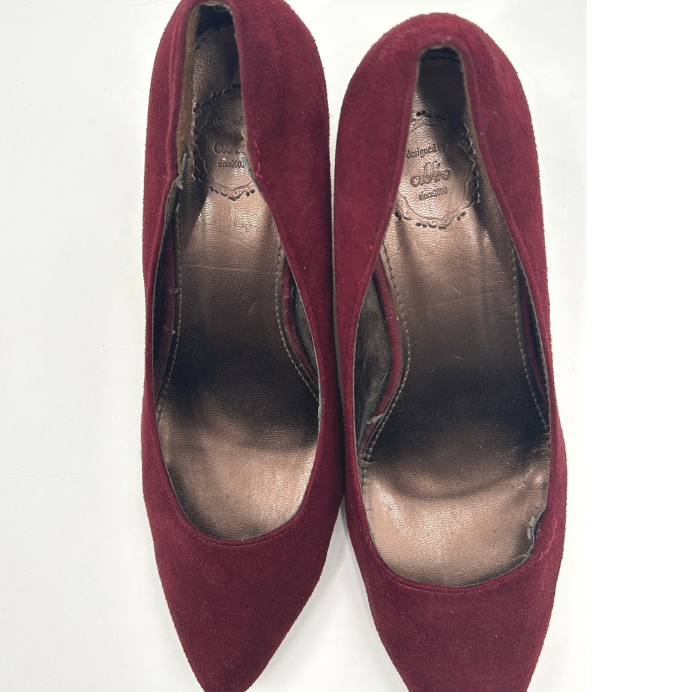 Ollio‎ Burgundy Suede Wedge Heels Leopard Print Pointed Toe Pumps Size 6.5 - Picture 6 of 10